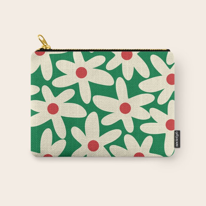Daisy Time Floral Pattern in Christmas Holiday Red, Green, and Cream Carry All Pouch Gallery Image 1