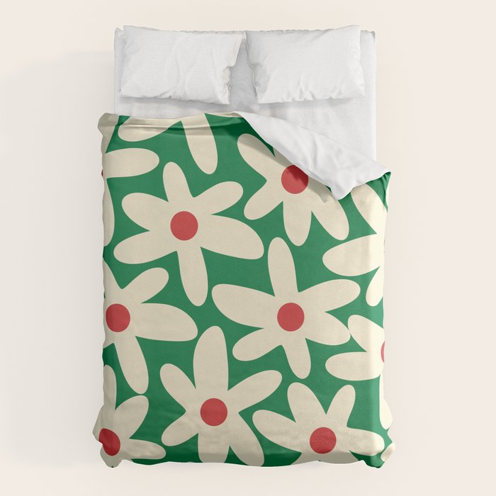 Daisy Time Floral Pattern in Christmas Holiday Red, Green, and Cream Duvet Cover Gallery Image 6