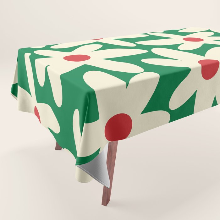 Daisy Time Floral Pattern in Christmas Holiday Red, Green, and Cream Tablecloth Gallery Image 1