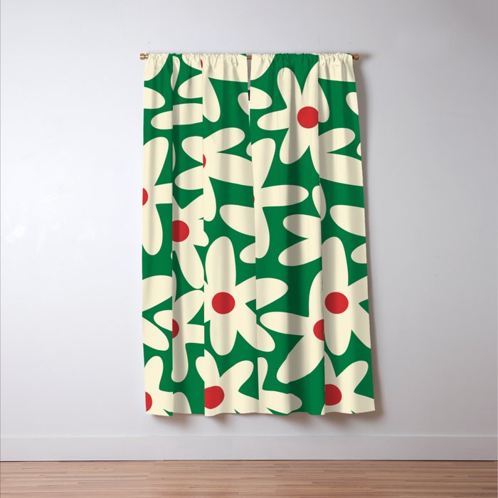Daisy Time Floral Pattern in Christmas Holiday Red, Green, and Cream Window Curtain Gallery Image 3