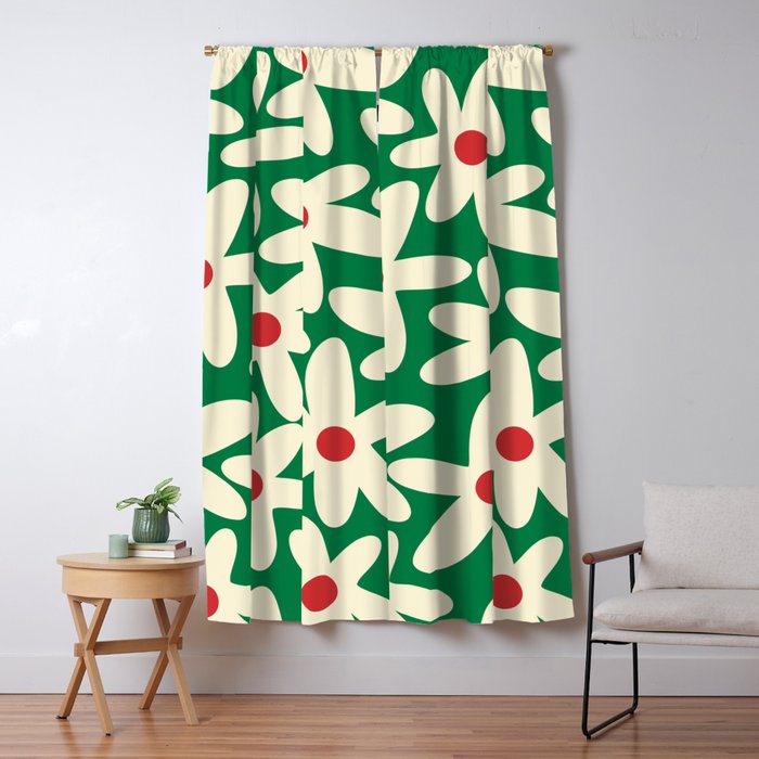 Daisy Time Floral Pattern in Christmas Holiday Red, Green, and Cream Window Curtain Gallery Image 5