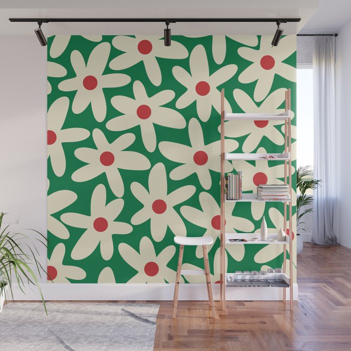 Daisy Time Floral Pattern in Christmas Holiday Red, Green, and Cream Wall Mural Gallery Image 1