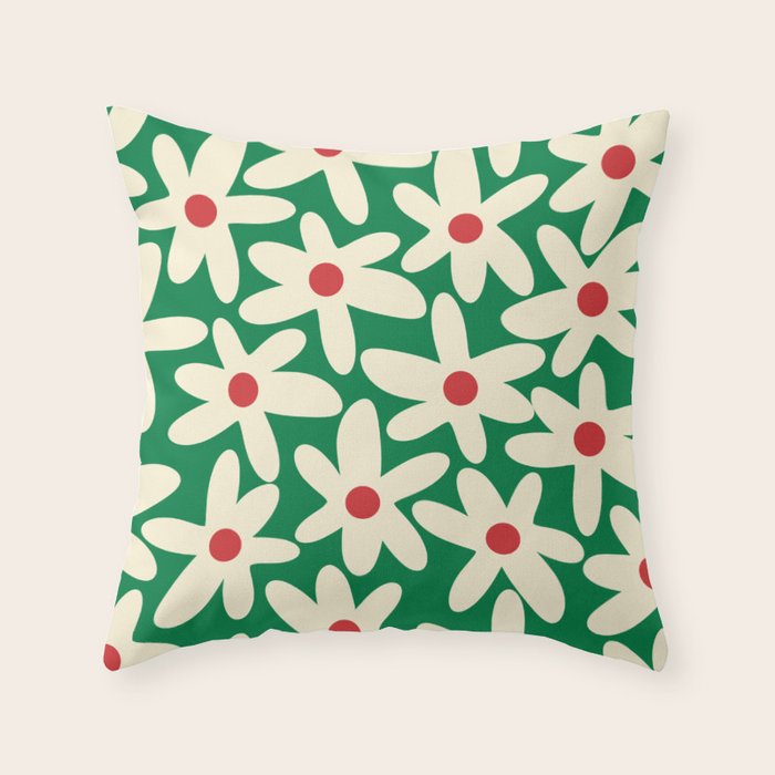 Daisy Time Floral Pattern in Christmas Holiday Red, Green, and Cream Throw Pillow Gallery Image 6