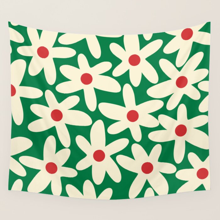 Daisy Time Floral Pattern in Christmas Holiday Red, Green, and Cream Wall Tapestry Gallery Image 4