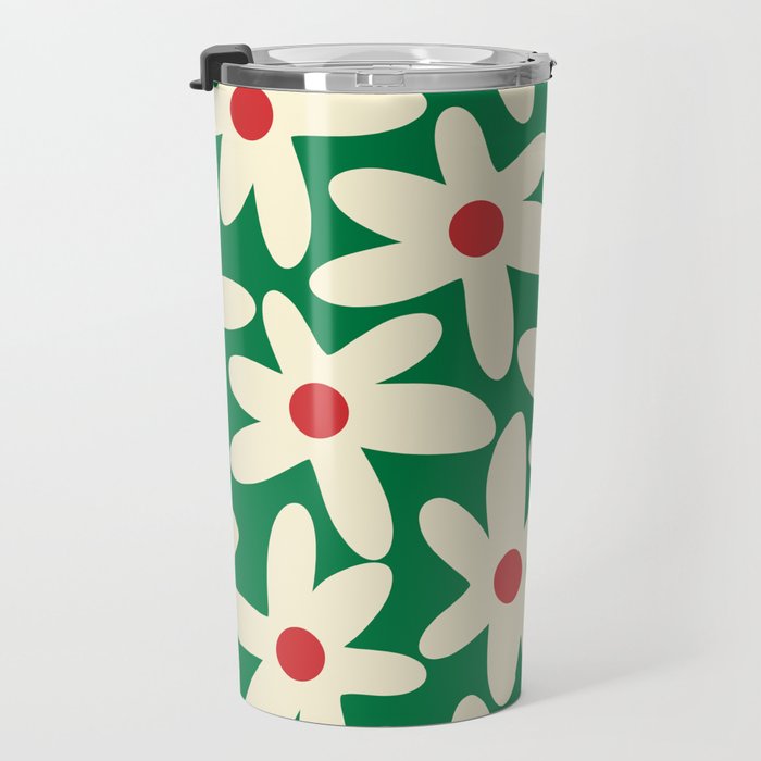 Daisy Time Floral Pattern in Christmas Holiday Red, Green, and Cream Travel Mug Gallery Image 3