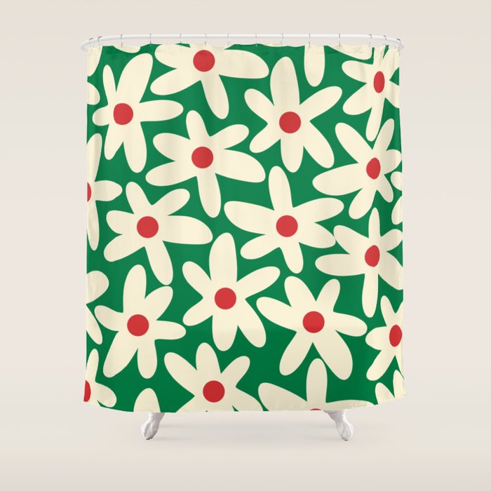 Daisy Time Floral Pattern in Christmas Holiday Red, Green, and Cream Shower Curtain Gallery Image 1