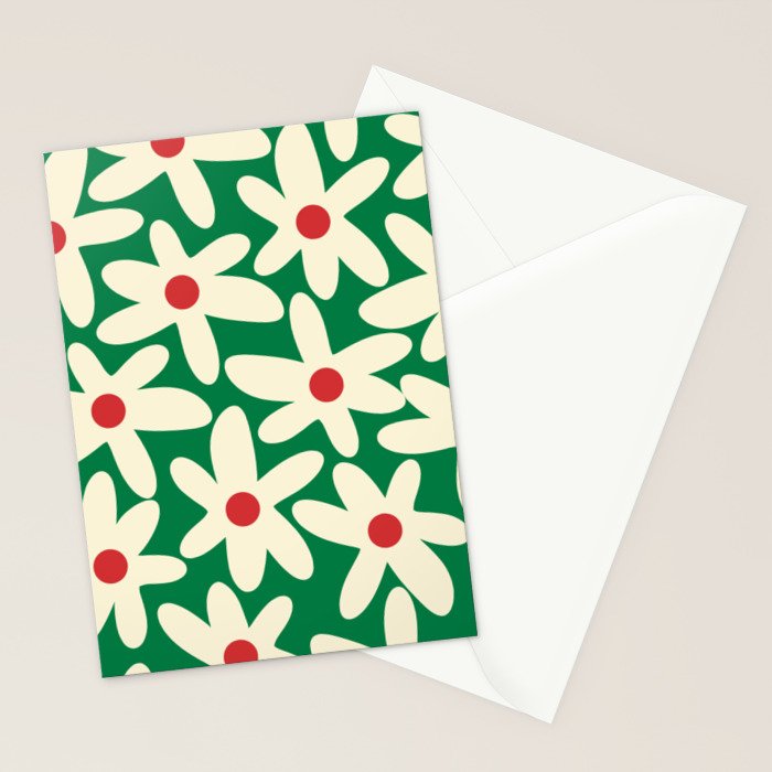 Daisy Time Floral Pattern in Christmas Holiday Red, Green, and Cream Stationery Card Gallery Image 2