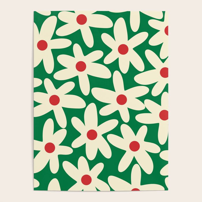 Daisy Time Floral Pattern in Christmas Holiday Red, Green, and Cream Poster Gallery Image 4