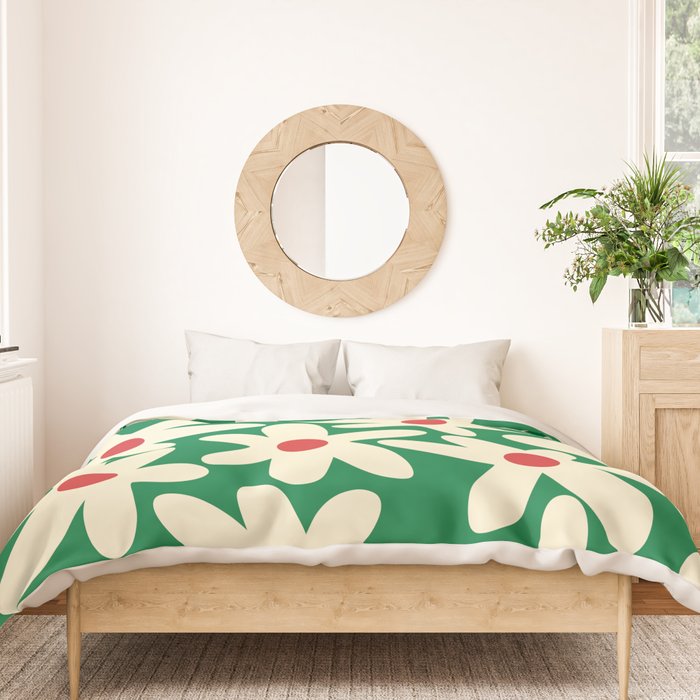 Daisy Time Floral Pattern in Christmas Holiday Red, Green, and Cream Duvet Cover Gallery Image 3