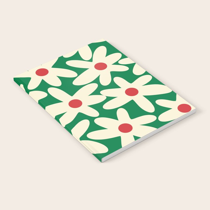 Daisy Time Floral Pattern in Christmas Holiday Red, Green, and Cream Notebook
