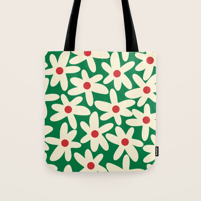 Daisy Time Floral Pattern in Christmas Holiday Red, Green, and Cream Tote Bag Gallery Image 1