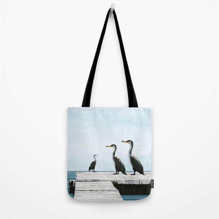Cormorants on a Pier Watercolor Illustration Tote Bag Gallery Image 2