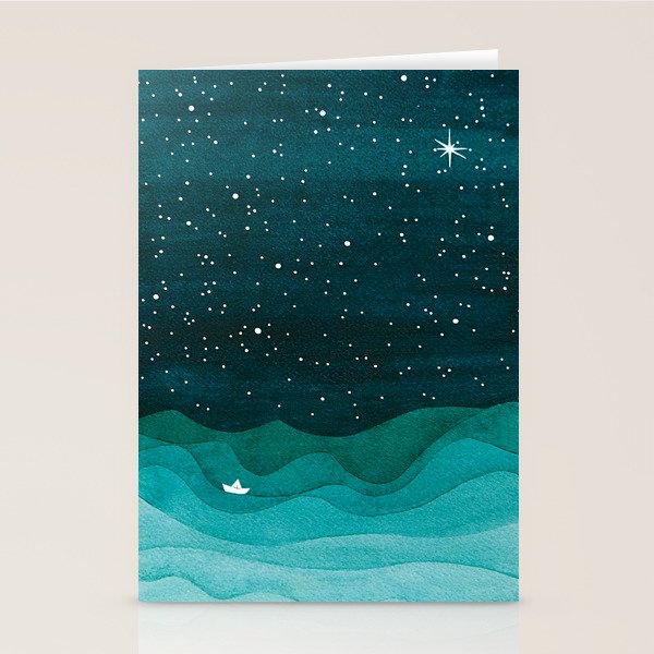 Starry Ocean, teal sailboat watercolor sea waves night Stationery Card Gallery Image 1
