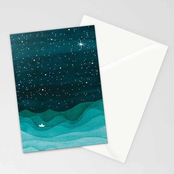 Starry Ocean, teal sailboat watercolor sea waves night Stationery Card Gallery Image 2