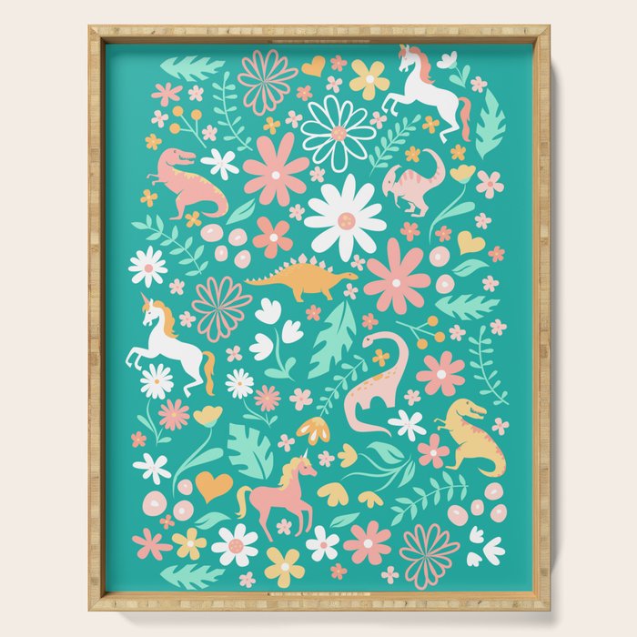 Dinosaurs + Unicorns on Teal Serving Tray Gallery Image 1