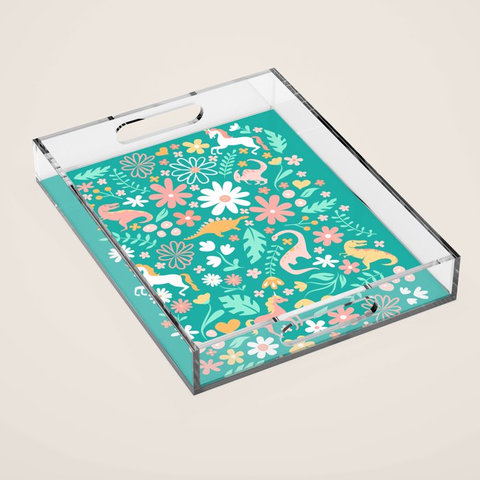 Dinosaurs + Unicorns on Teal Acrylic Tray Gallery Image 1