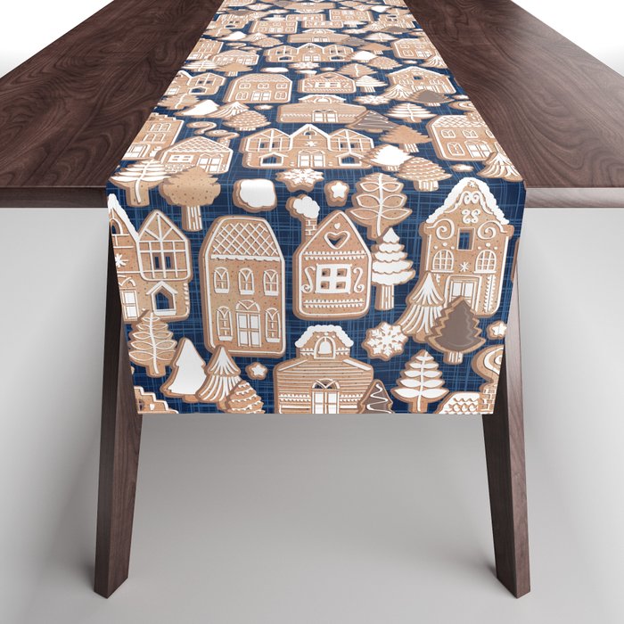 Whimsical Gingerbread Christmas Village // blue and brown Table Runner Gallery Image 1