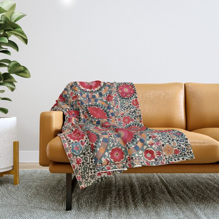 Karabag Suzani Uzbekistan Embroidery Print Throw Blanket Gallery Image 1