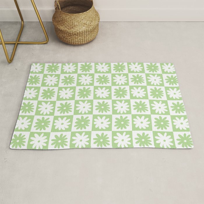 Green And White Checkered Flower Pattern Rug Gallery Image 1
