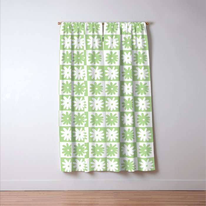 Green And White Checkered Flower Pattern Window Curtain Gallery Image 3