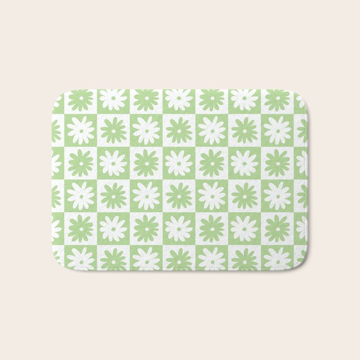 Green And White Checkered Flower Pattern Bath Mat Gallery Image 1