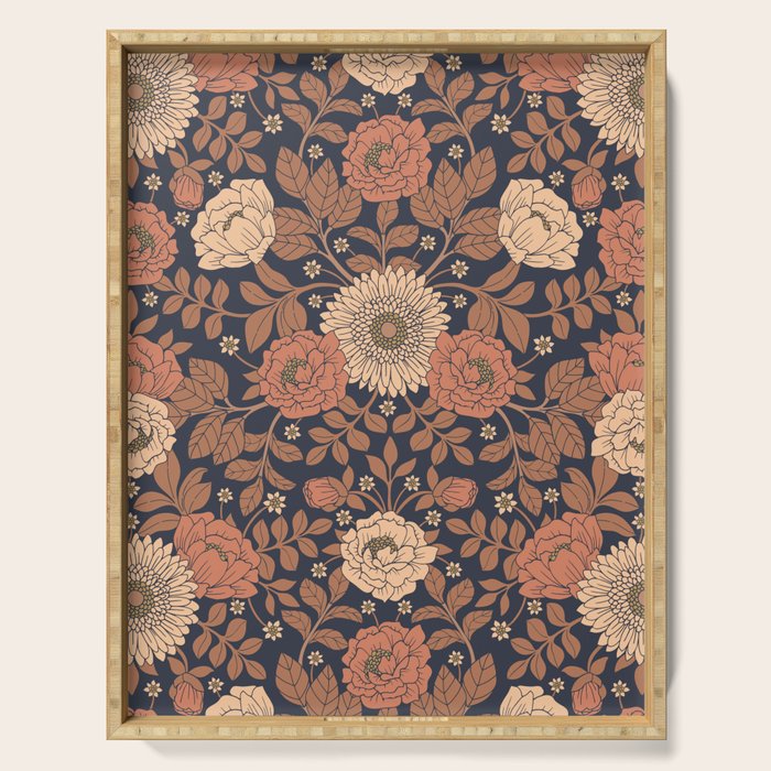 Peach, Dusty Rose, Mauve & Blue-Gray Floral Pattern Serving Tray Gallery Image 1