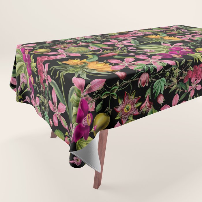 Tropical Bloom Serenade Exotic Floral Pattern Vintage Botanical Vibes Black Tablecloth Gallery Image 1