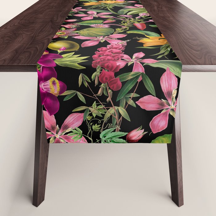 Tropical Bloom Serenade Exotic Floral Pattern Vintage Botanical Vibes Black Table Runner Gallery Image 1