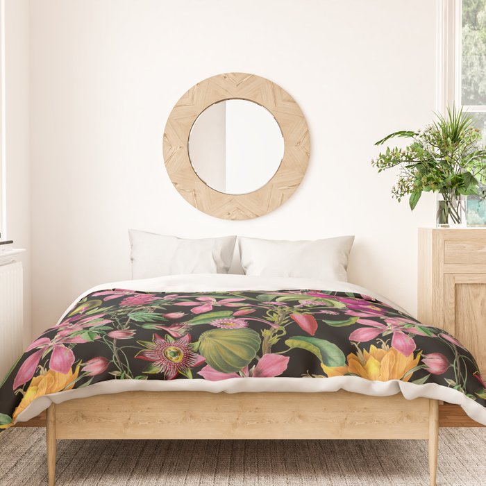 Tropical Bloom Serenade Exotic Floral Pattern Vintage Botanical Vibes Black Duvet Cover Gallery Image 3