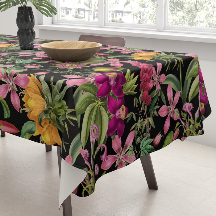Tropical Bloom Serenade Exotic Floral Pattern Vintage Botanical Vibes Black Tablecloth Gallery Image 3