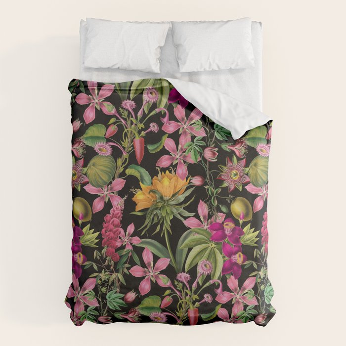 Tropical Bloom Serenade Exotic Floral Pattern Vintage Botanical Vibes Black Duvet Cover Gallery Image 6