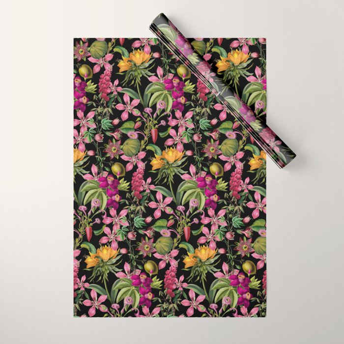 Tropical Bloom Serenade Exotic Floral Pattern Vintage Botanical Vibes Black Wrapping Paper Gallery Image 1