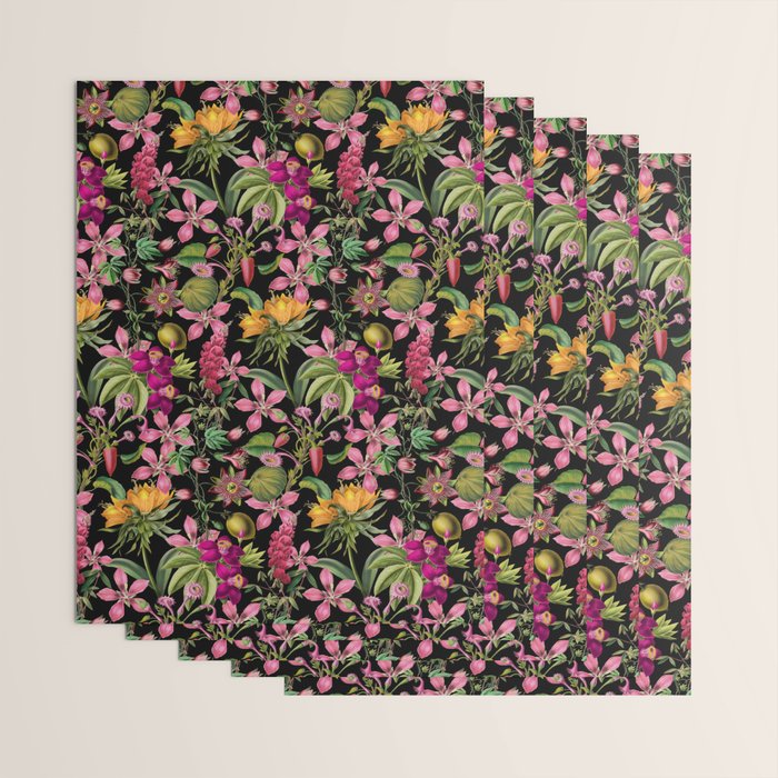 Tropical Bloom Serenade Exotic Floral Pattern Vintage Botanical Vibes Black Wrapping Paper Gallery Image 3