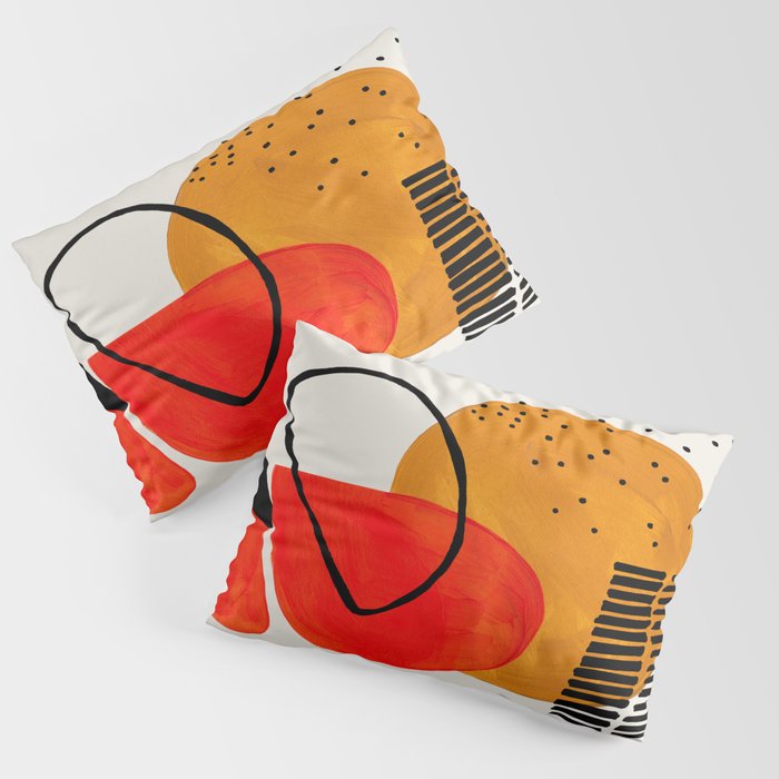 Mid Century Modern Abstract Colorful Art Yellow Ball Orange Shapes Orbit Black Pattern Pillow Sham Gallery Image 1