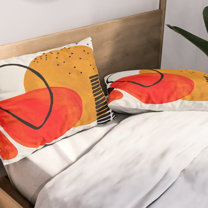 Mid Century Modern Abstract Colorful Art Yellow Ball Orange Shapes Orbit Black Pattern Pillow Sham Gallery Image 2