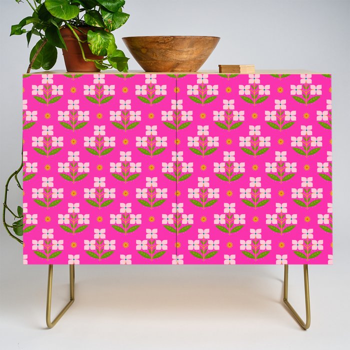 Retro Pink Floral Bunches Pattern - Pink Credenza Gallery Image 1