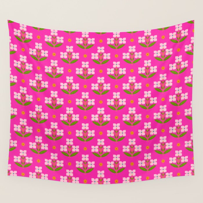 Retro Pink Floral Bunches Pattern - Pink Wall Tapestry Gallery Image 4