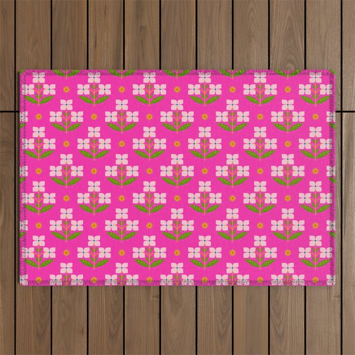 Retro Pink Floral Bunches Pattern - Pink Outdoor Rug Gallery Image 1