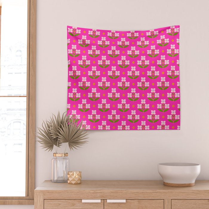 Retro Pink Floral Bunches Pattern - Pink Wall Tapestry Gallery Image 2