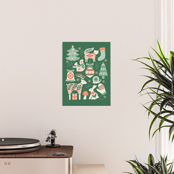 Festive Folk Art Forest Animals - Green and Red Poster Gallery Image 2