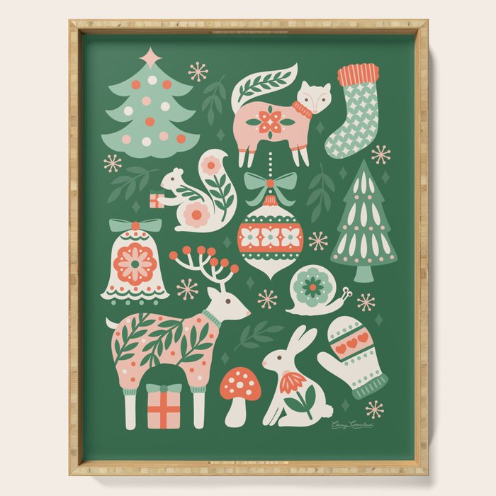 Festive Folk Art Forest Animals - Green and Red Serving Tray Gallery Image 1