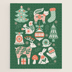 Festive Folk Art Forest Animals - Green and Red Jigsaw Puzzle Gallery Image 1