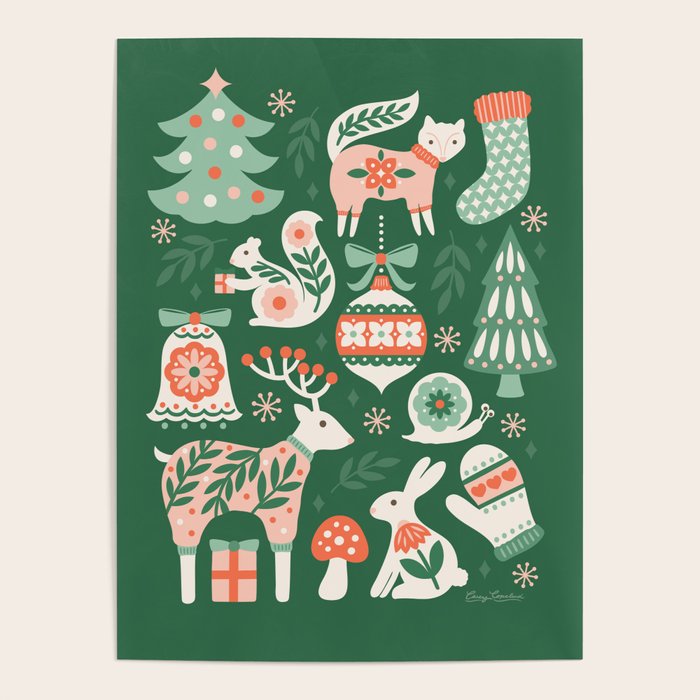 Festive Folk Art Forest Animals - Green and Red Poster Gallery Image 4