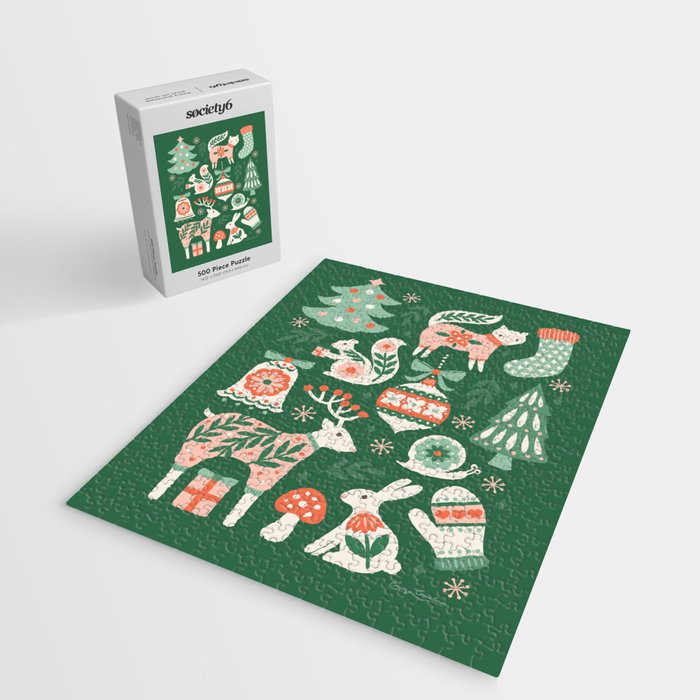 Festive Folk Art Forest Animals - Green and Red Jigsaw Puzzle Gallery Image 2