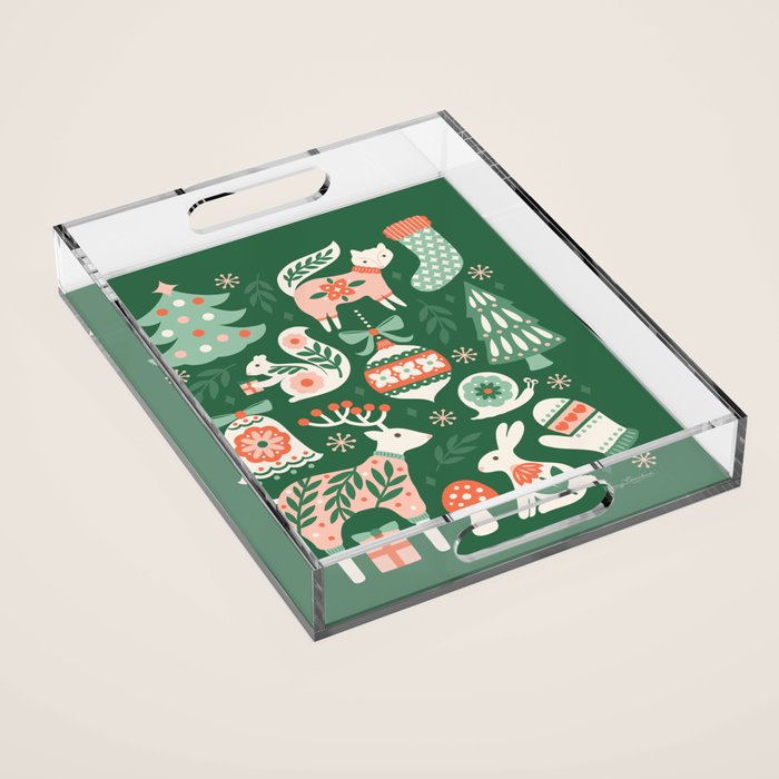 Festive Folk Art Forest Animals - Green and Red Acrylic Tray Gallery Image 1