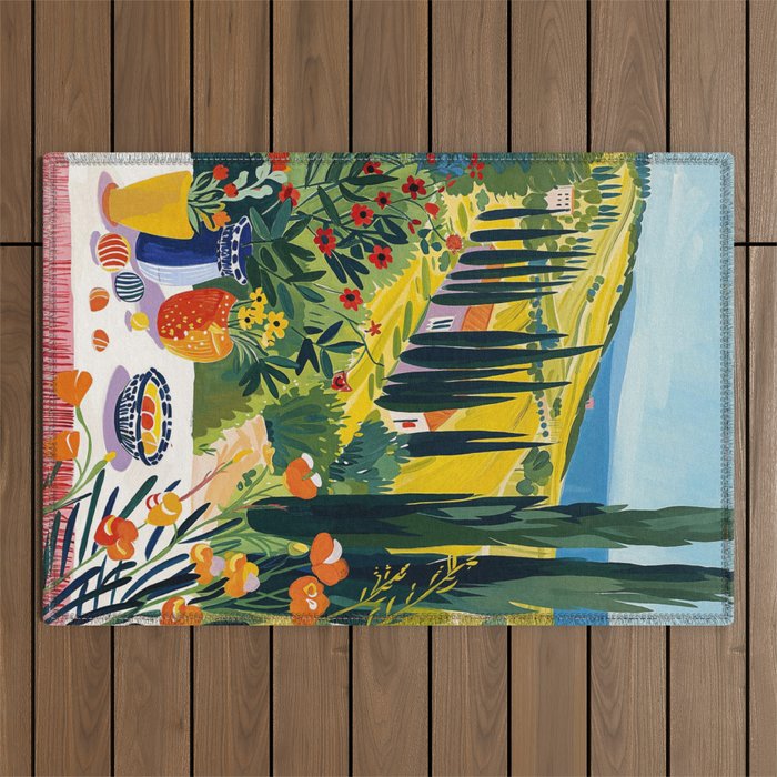 Matisse Painting Mediterranean House with Vibrant Colors and Serene Landscape Outdoor Rug Gallery Image 1