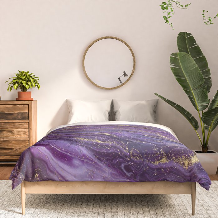 Purple Marble Glitter Gold Fluid Painting Pouring Jupiter Surface Glamorous Shiny Metallic Accents Comforter Gallery Image 3