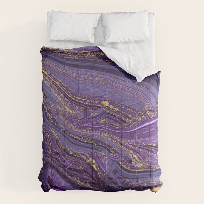 Purple Marble Glitter Gold Fluid Painting Pouring Jupiter Surface Glamorous Shiny Metallic Accents Comforter Gallery Image 6