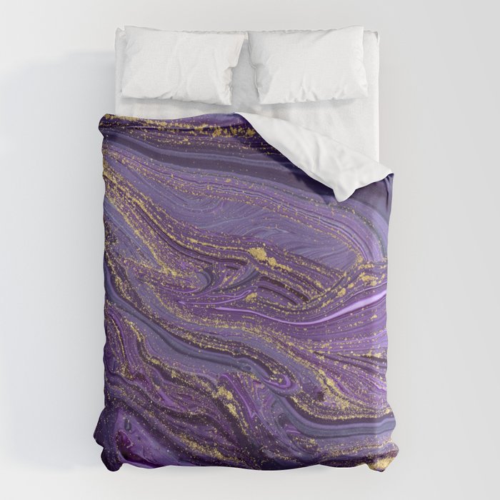 Purple Marble Glitter Gold Fluid Painting Pouring Jupiter Surface Glamorous Shiny Metallic Accents Duvet Cover Gallery Image 1
