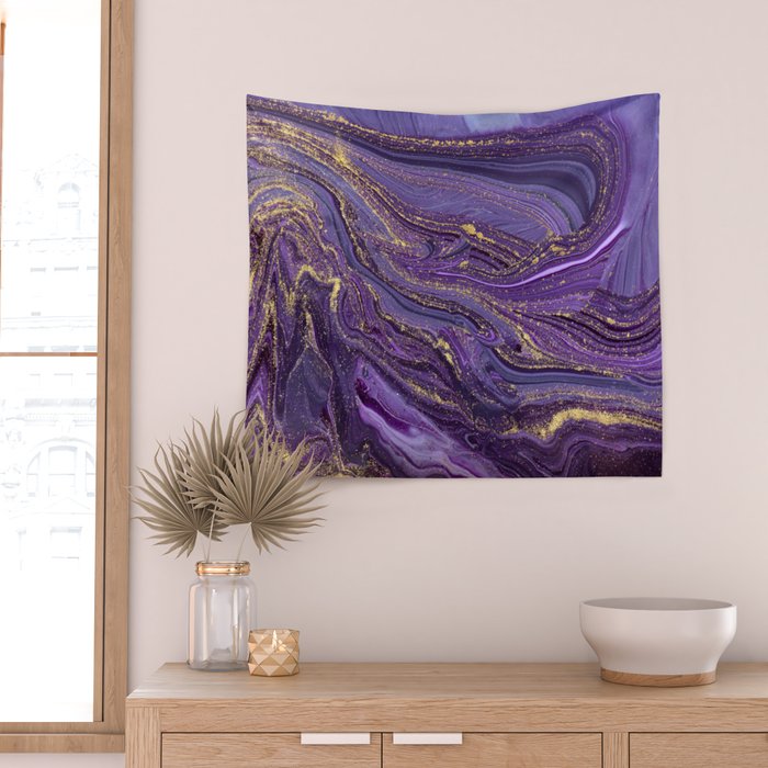 Purple Marble Glitter Gold Fluid Painting Pouring Jupiter Surface Glamorous Shiny Metallic Accents Wall Tapestry Gallery Image 2